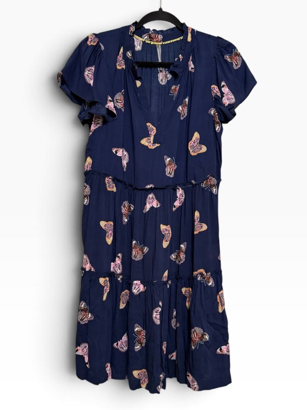 Anthropologie Navy Butterfly Print Flutter Sleeve Tiered Dress SP EUC